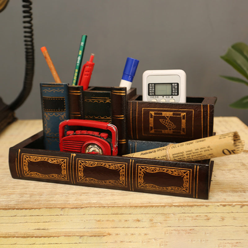 Retro Wood Pen Holder Book Shape Desk Organizer