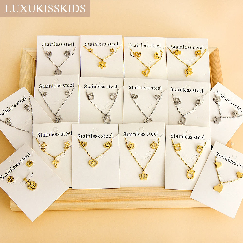 LUXUKISSKIDS Chic Elegant Heart Indian Fine Jewelry Sets Women Wedding Crown Steel Necklace And Earring bijoux Bulk Wholesale