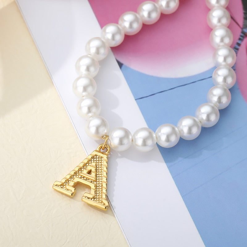 A-Z Initial Pearl Chain Necklaces For Women Initial Letter Simulated Pearl Necklace Stainless Steel Pendant Jewelry 2022