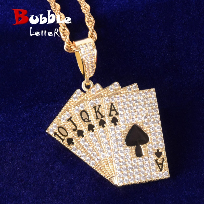 Poker Card Pendant Necklace Cubic Zircon Men&#39;s Hip Hop Rock Jewelry