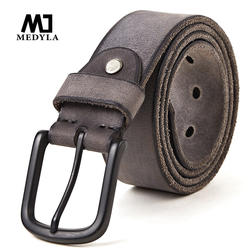 MEDYLA 100% original leather men&#39;s belt matte metal pin buckle soft tough leather belt for men without interlayer male belt