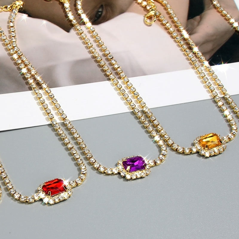 FLatfoosie Multicolor Square Rhinestone Pendant Necklace for Women Shiny Crystal Clavicle Chain Fashion Jewelry Party Gifts