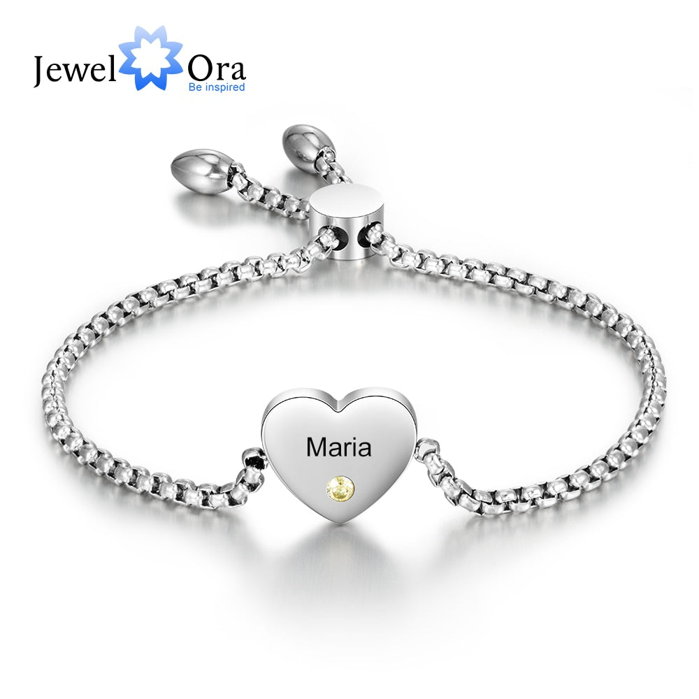 Personalized Engraved Name Heart Bracelet with Birthstone Stainless Steel Adjustable Chain Bracelets for Women Custom Jewelry