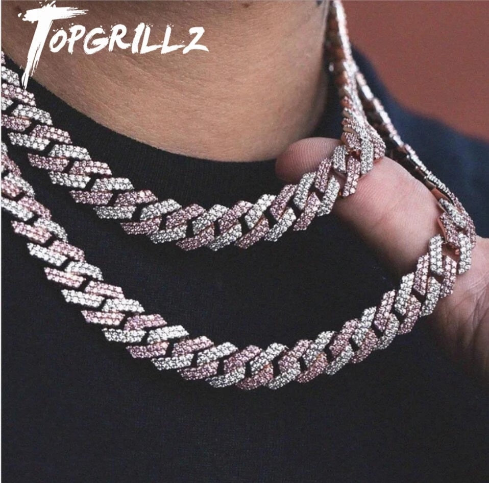 TOPGRILLZ 14mm Miami Prong Set Cuban Chains Necklace For Men Gold Color Hip Hop Jewelry Pink CZ Rapper Necklace