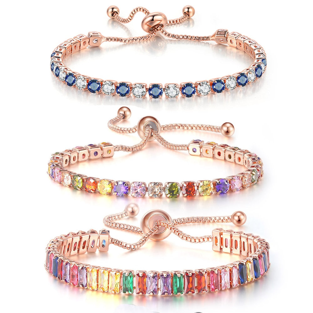 Adjustable Multicolor Tennis Bracelets For Women Ladies Wedding Rainbow Colorful Zircon Charm Bracelet Hand Chain Jewelry DZH043