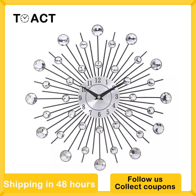 Vintage Metal Crystal Sunburst Wall Clock Large Morden Wall Clocks Design Home Art Decor 33cm Large Size