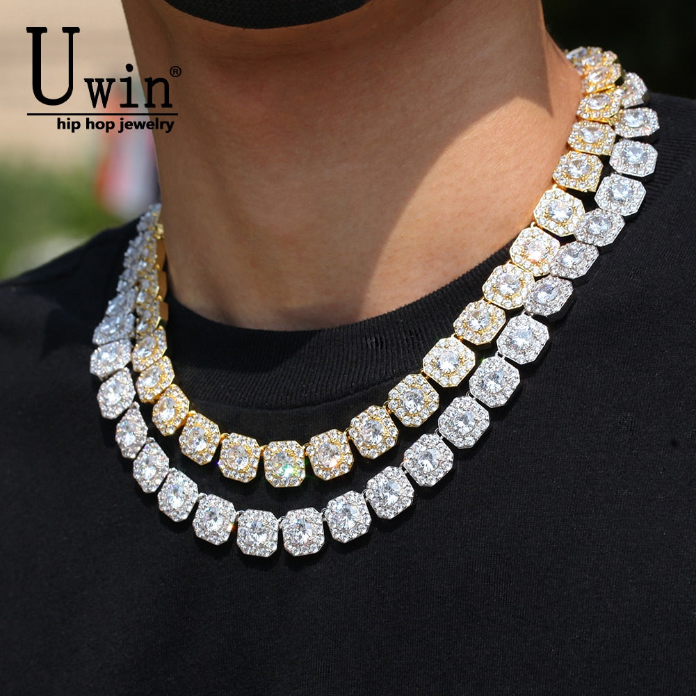 Uwin 12mm Square Iced Out Flower Tennis Chains Cubic Zirconia  Hiphop Necklace&amp;Bracelet Luxury Copper Iced Out Jewelry