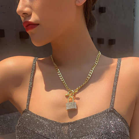 KMVEXO Shiny Crystal Lock Pendant Necklace Jewelry For Women Men Punk LOVE Padlock Couple On Neck Chains Necklace Gifts 2020