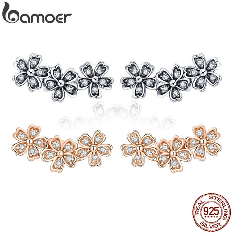 BAMOER 925 Sterling Silver Daisy Flower Clear CZ Stud Earrings for Women Sterling Silver Jewelry Valentine&#39;s Day Gift SCE419
