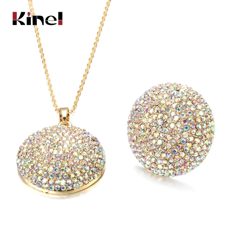 Kinel Fashion Colorful Crystal Women Big Rings Necklace Gold Color Morocco Banquet Wedding Statement Jewelry Sets Crystal Gift