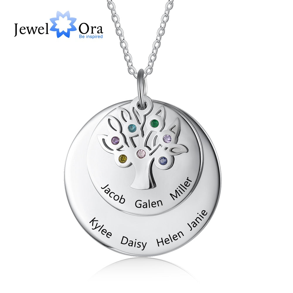 Personalized Family Name Engraved Necklaces for Women Tree of Life Stainless Steel Pendant Necklace with 7 Birthstones Jewelry