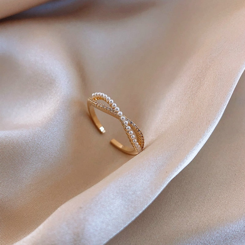 2020 South Korean New Cross Bow Pearl Ring Female Fashion Temperament Personality Adjustable Opening Forefinger Ring