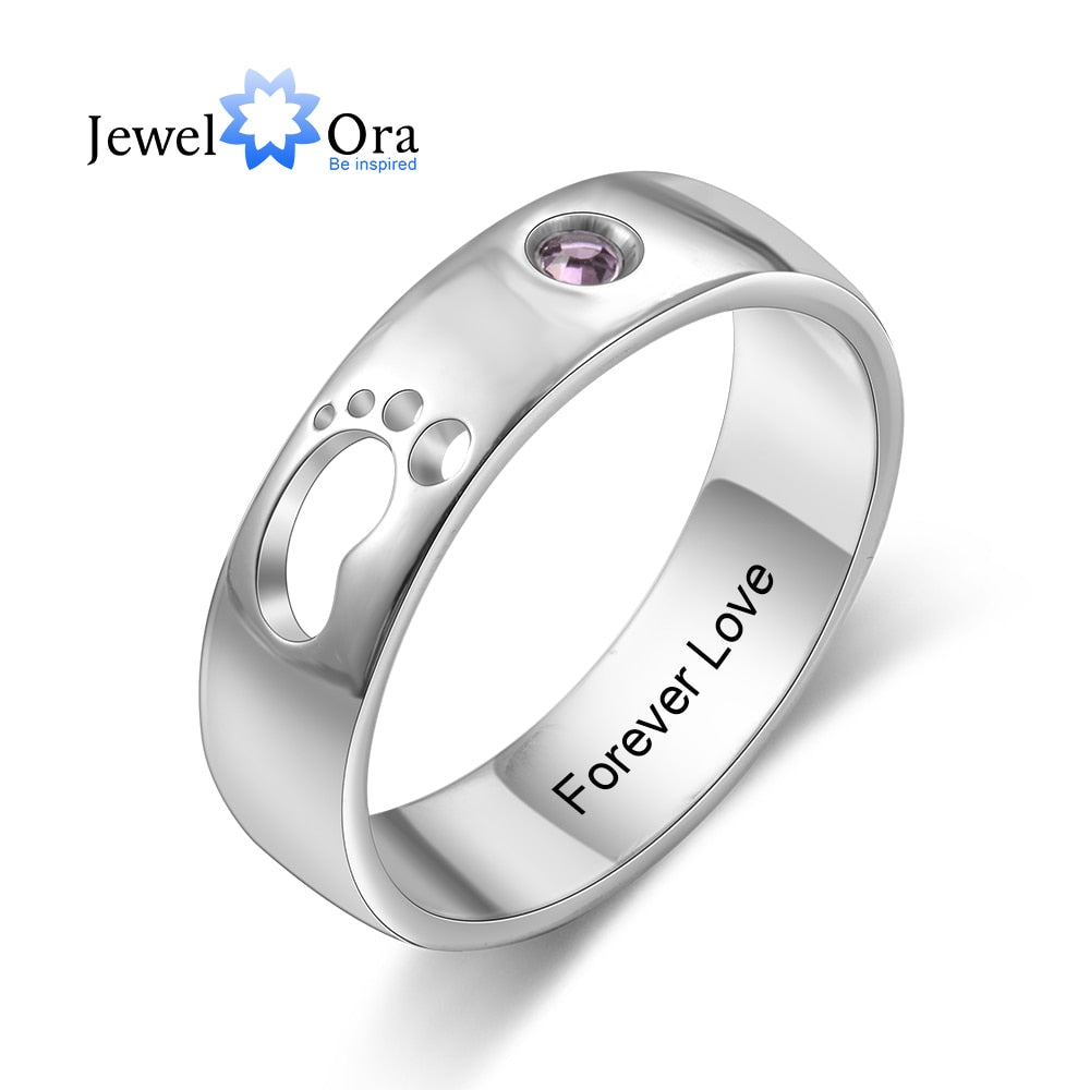 JewelOra Personalized Name Hollow Cute Baby Feet Ring with Birthstone Custom Inside Engraved Rings for Women Mother&#39;s Day Gifts