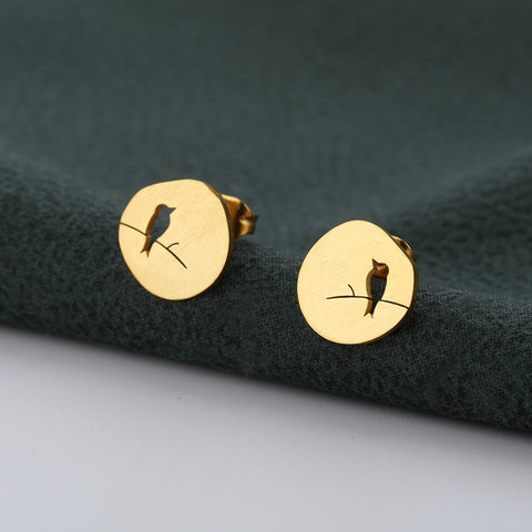 Hollow Round Shape Lovely Animal Anime Earring Women Girls Fashion Jewelry Cute Hollow Bird On A Branch Studs.