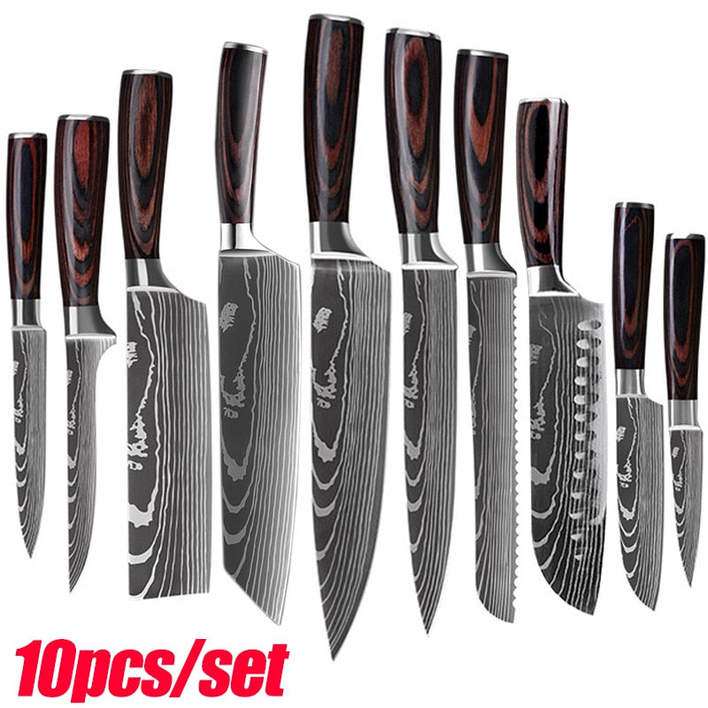 10pcs Damascus Kitchen Knife Set Laser Pattern Professional Chef Knives 440C Stainless Steel Knife Sharpener