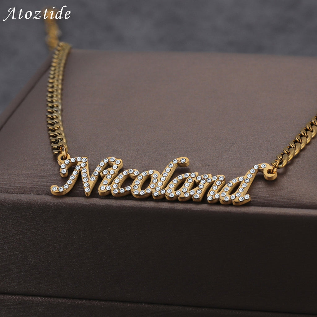 Custom Personalized Name Stainless Steel Necklaces Cubic Zircon Letters Bling Pendant for Women Thick 4mm NK Chain Jewelry