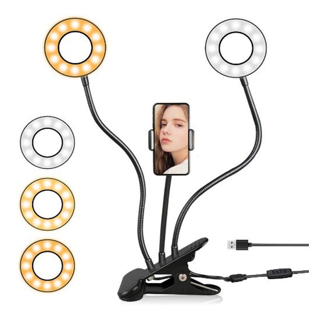 Selfie Round Circle Light Lazy Mobile Phone Holder Stand Bracket with LED Lamp Flexible Arm Photography ringlight for Youtube Video Live.