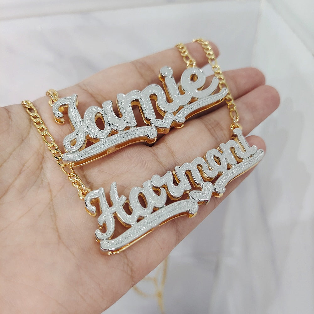 Custom Necklace Double Gold-plated Nameplate 3D Necklace Personalized Necklaces Choker Women Figaro Chain Name Necklace. Your lucky number or handwriting can also be made.