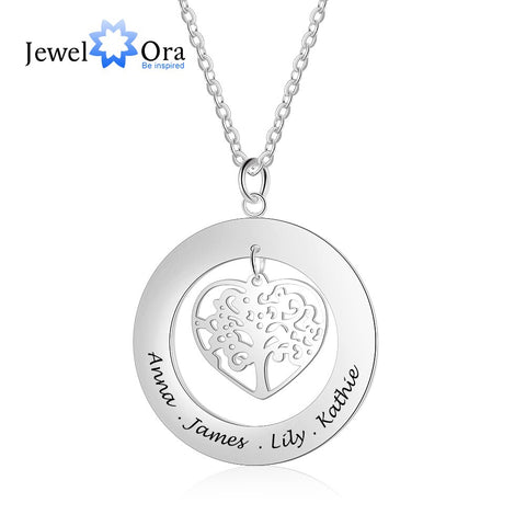 JewelOra Personalized Tree of Life Engrave Name Necklace Silver Color Round Customized Necklaces & Pendants Family Gifts