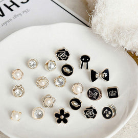 10 Pieces Button Brooch Set Imitation Pearl Rhinestones Pin Coat Clothes Accessories Gift Prevent Exposure Different Design Brooches for Women such as Flower, Pearl, Ribbon