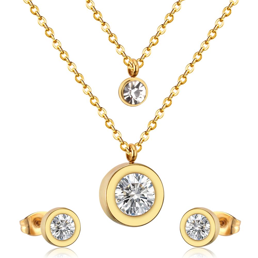 Stainless Steel Crystal Jewelry Set for Women and Girls: Luxury Double Round Pendant Necklace and Earrings.