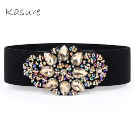 KASURE Luxury Shiny Diamond Wide Waist Belt For Woman Rhinestone Elastic Waistband Ladies Colorful Crystal Dress Decoration