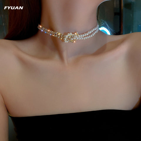 FYUAN Korean Style Pearl Crystal Choker Necklaces for Women Short Chain Rhinestone Necklaces Statement Jewelry