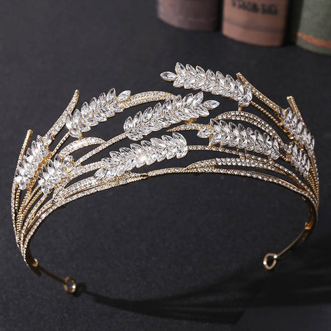 Luxury Crystal Wheat Shape Crown Handmade Gold Color Bride Headdress Wedding Tiara Rhinestone Headpiece Women Hair Accessories