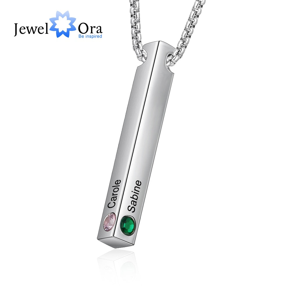 JewelOra Personalized Engraved Name Bar Necklaces for Women 4 Sides Custom Birthstone Stainless Steel Vertical Bar Pendant