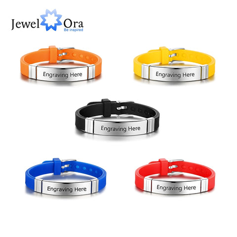 Personalized Engrave Name ID Bracelet for Men Adjustable 5 Colors Rubber Bracelets for Women Custom Stainless Steel Jewelry Gift