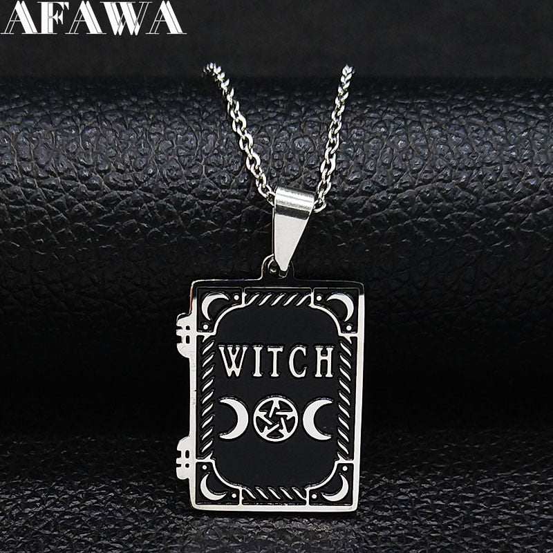 Moon Sun Pentagram Stainless Steel Witch Magic Necklace Witchcraft Spell Book Necklace Triple Moon Goddess Jewelry joyas N1906S2