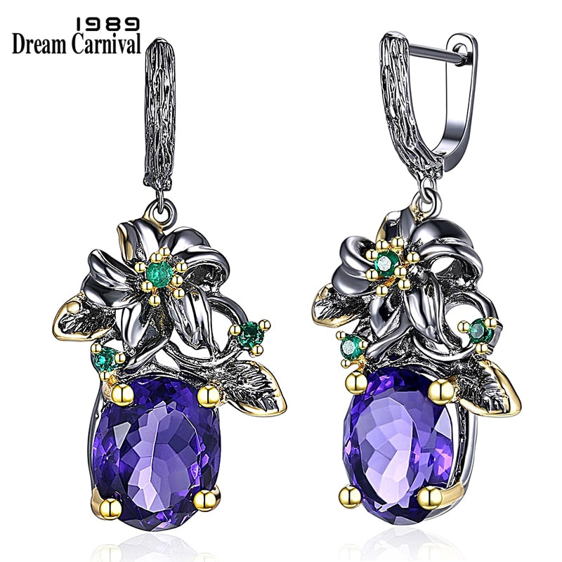 DreamCarnival 1989 Elegant Amazing Price Earrings Flower Look Big Blue CZ Gun Black Plus Gold Color Base Everyday Jewelry WE3799