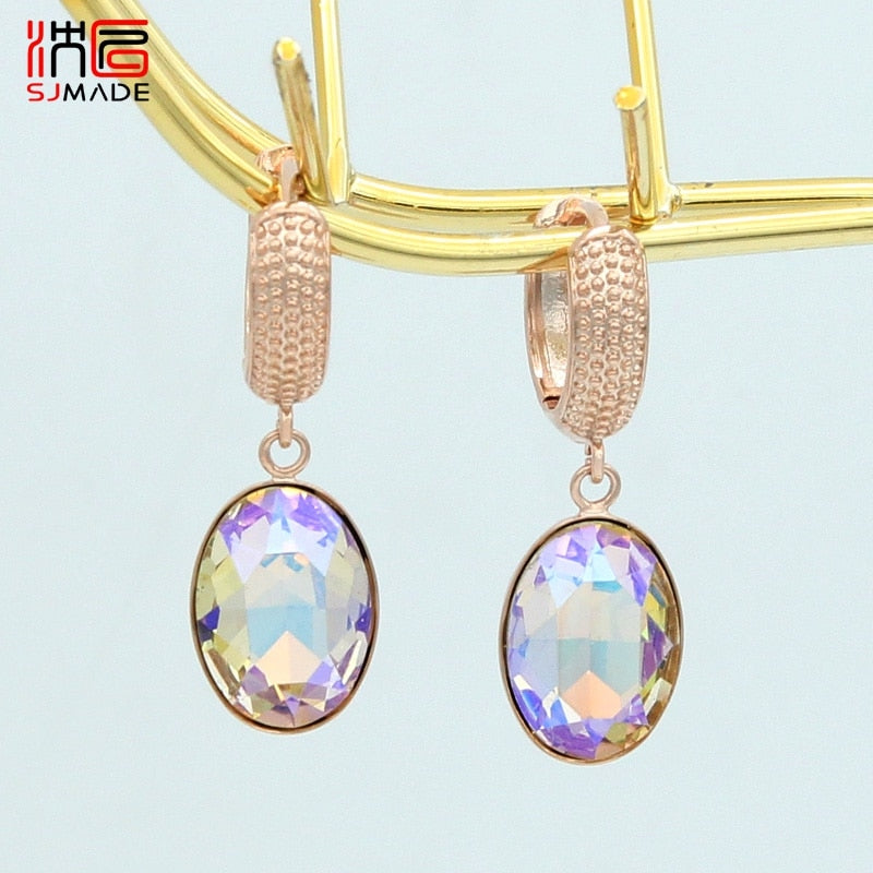 SHENJIANG New Fashion Egg Shape Oval Crystal Dangle Earrings Rose Gold For Women Wedding Elegant Jewelry