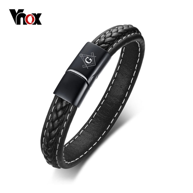 Black Genuine Leather Bracelet for Men Engraving Name Custom Personalized Logo