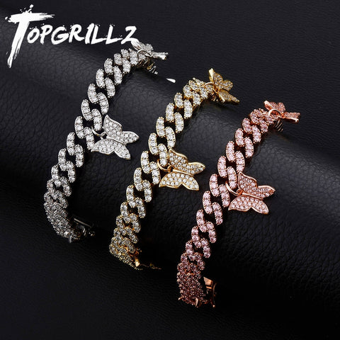 TOPGRILLZ 8MM Butterfly Bracelet Miami Cuban Bracelet Iced cubic Zirconia Bracelet Hip Hop Chain Choker Jewelry Gift For Women