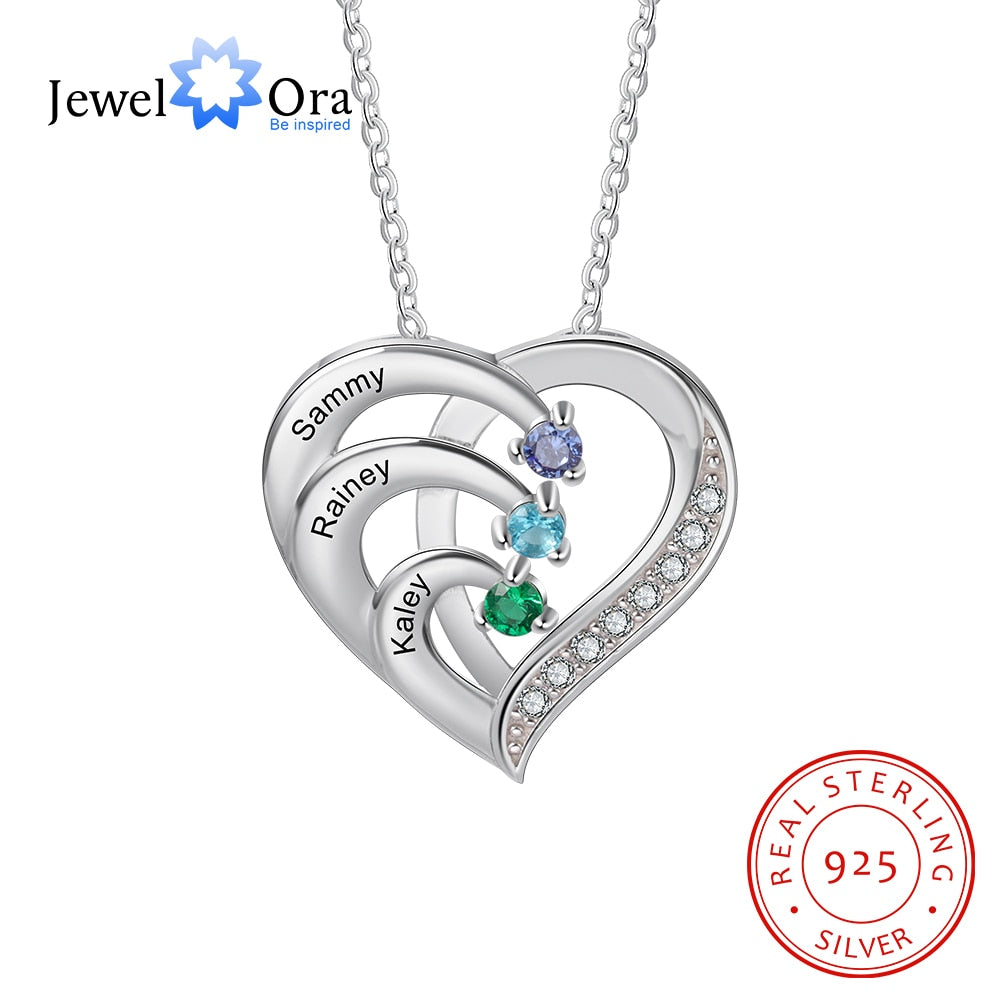 925 Sterling Silver Personalized Family Name Heart Necklaces for Women Customized Birthstone Engraving Mothers Necklace