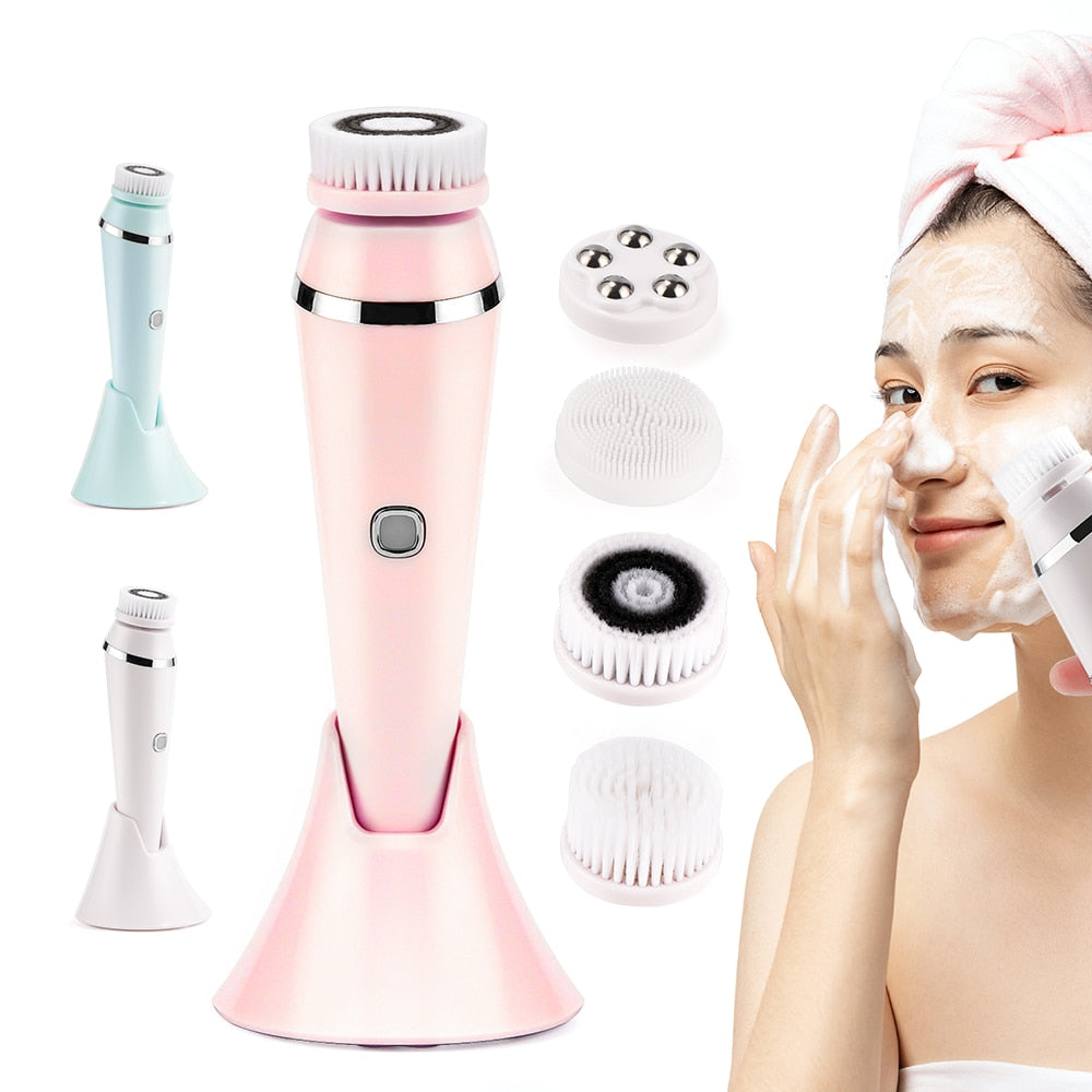 4 in 1 Facial Cleansing Brush Deep Cleaning Face Machine Rolling Massage Facial Cleanser Brush Anti Acne Blackhead Dirt Removal