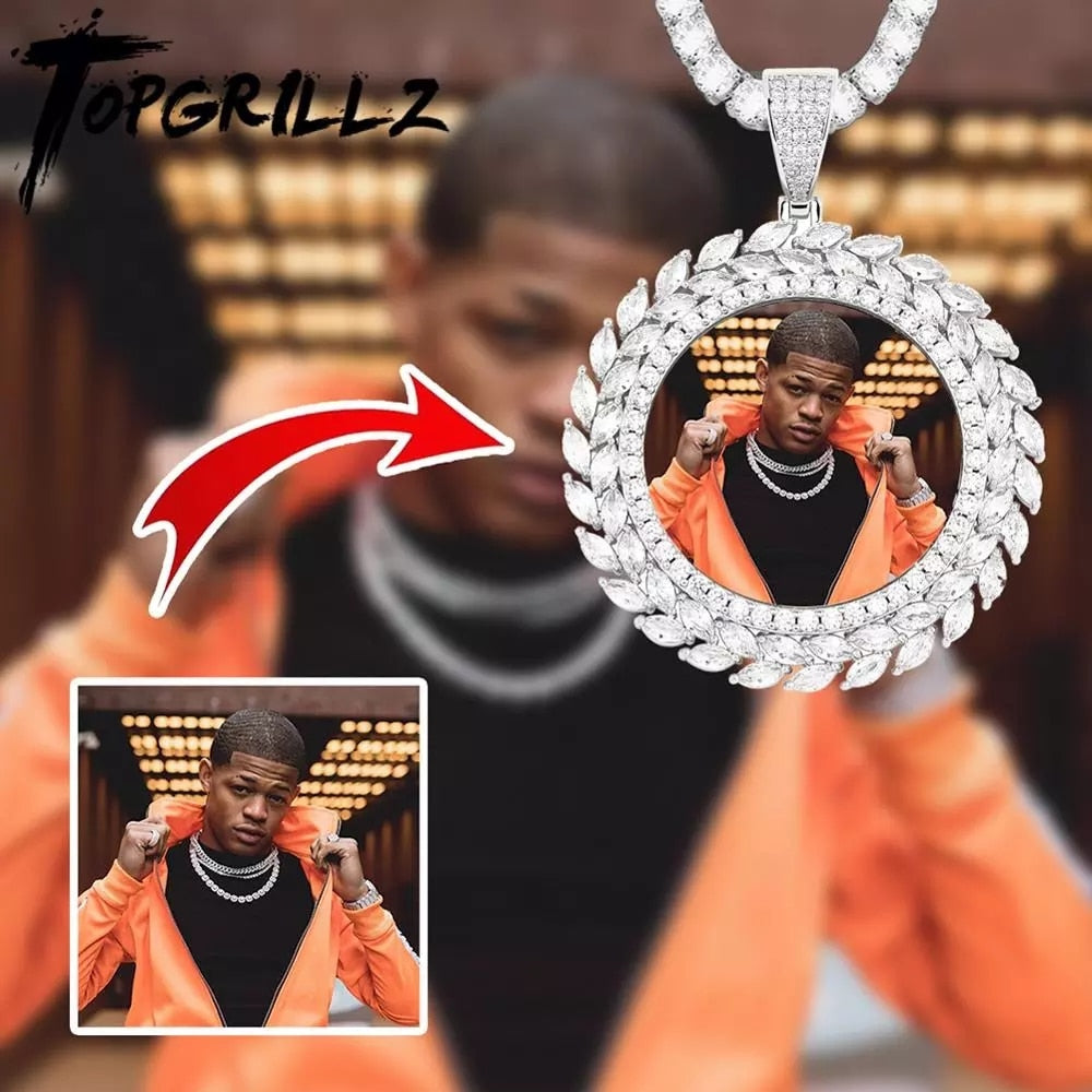 TOPGRILLZ Grain Custom Photo Round Medallion Solid Back Pendant Necklace With Tennis Chain Cubic Zircon Men&#39;s Hip Hop Jewelry