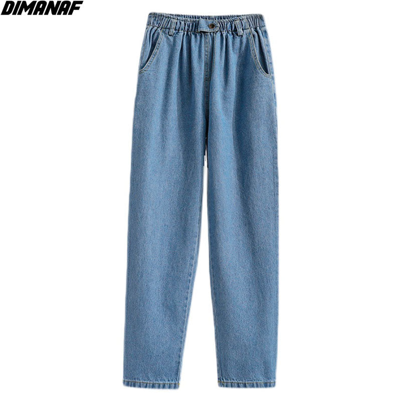 DIMANAF Women Clothing Jeans Long Pants High Waist Loose Cotton Denim Female Fashion Lady Elastic Waist Basic Blue Trousers