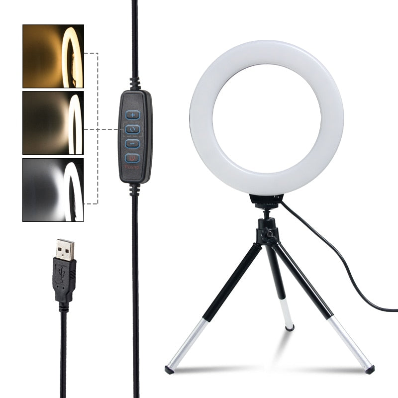 SH 16cm 6 inch Circle Round Light With Tripod Stand Usb Charge Selfie Led Lamp Dimmable Photography Light For Photo Photography Studio