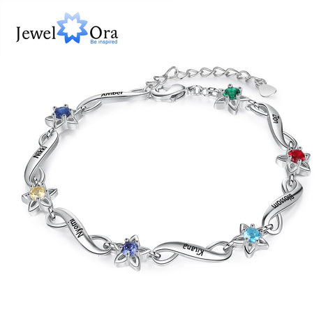 JewelOra Personalized Name Engraving Infinity Bracelet Customized 2-7 Inlaid Birthstone Flower Bracelets for Women Mothers Gifts