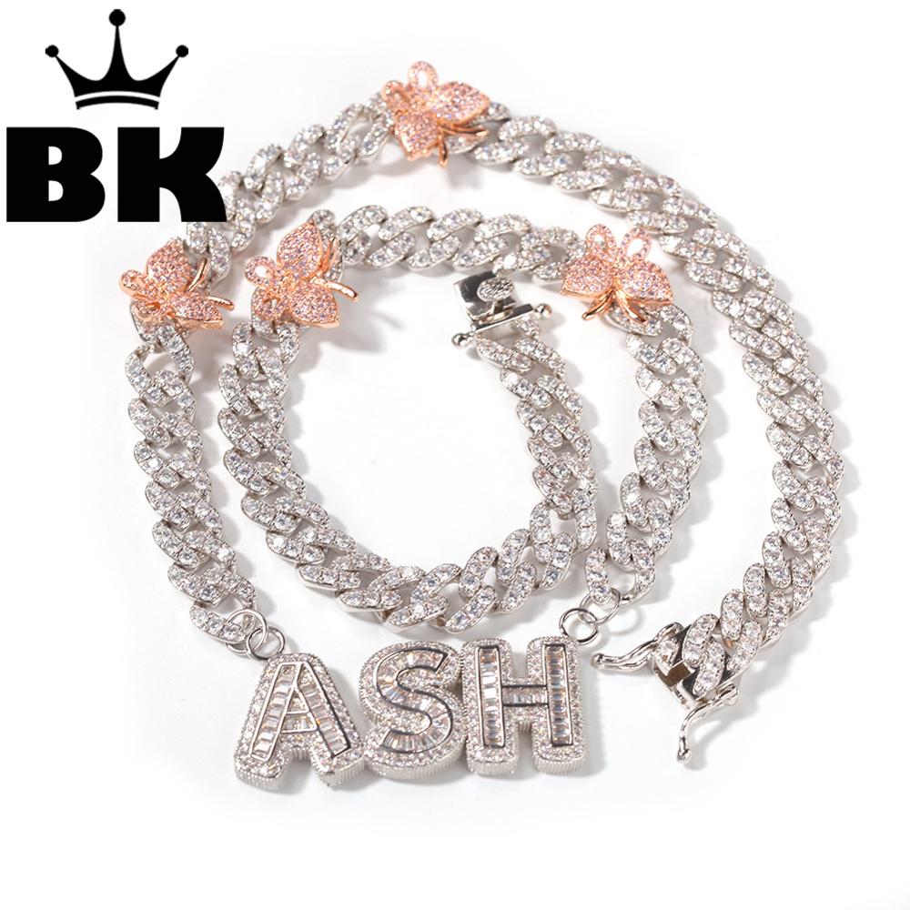 The Hiphop Name Necklace 9mm Cuban Chain With Pink Butterfly Baguettecz Letters Full Iced Out Zircon Pendant Gift HipHop Jewelry