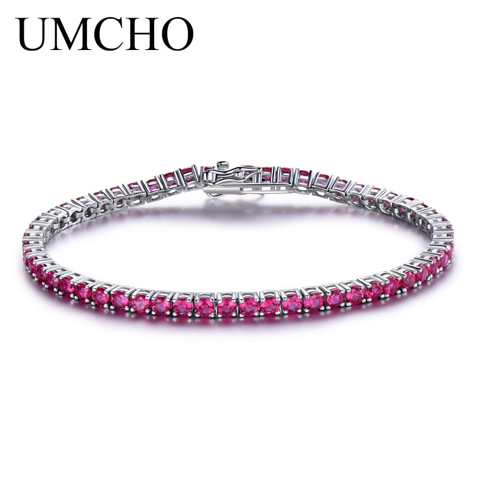 UMCHO Rich Color Created Ruby Bracelet  For Women 925 Sterling Silver Jewelry January Birthstone Romantic Wedding Fine Jewelry