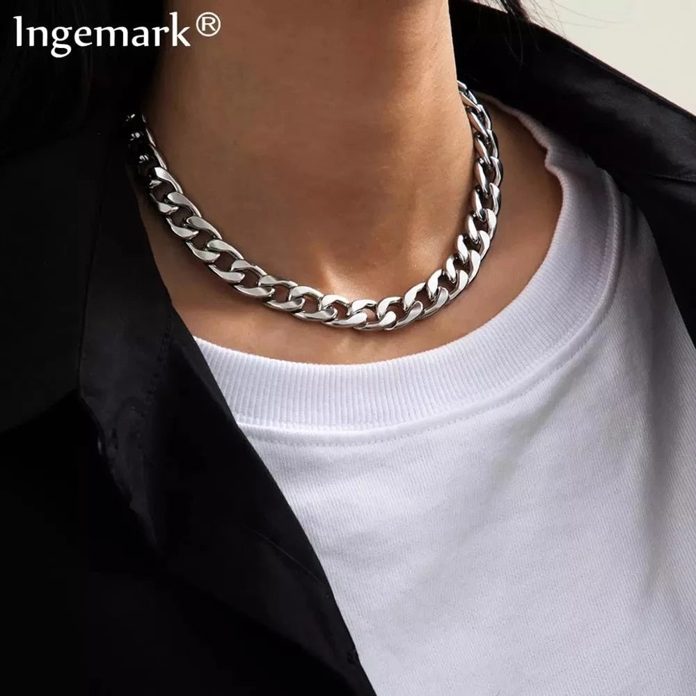 Punk Cuban Short Choker Necklace Collares Goth Silver Color Chunky Chain Heavy Metal Stainless Steel Necklace Men Women Jewelry