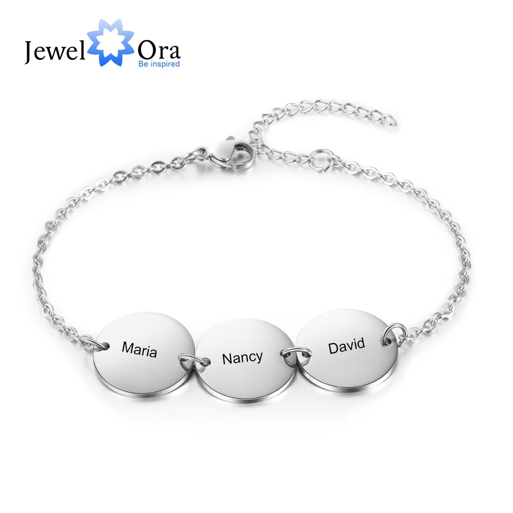 JewelOra Personalized Stainless Steel Round Discs Engraved Bracelets for Women Customized 3 Names Friendship Bracelets &amp; Bangles