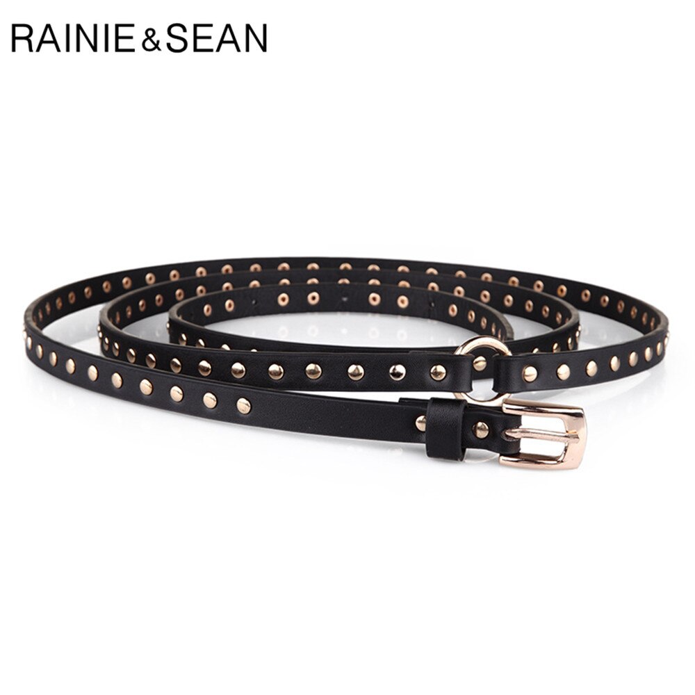 RAINIE SEAN Punk Rock Belts for Women Black Rivet Women Belt Streetwear Thin Extra Long 190cm Ladies Pin Buckle Leather Belt