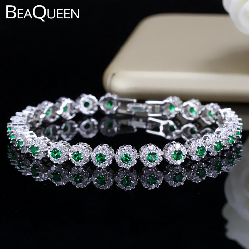 BeaQueen Trendy Green and White Cubic Zirconia Stone Silver Color Tennis Bracelets Dress Jewelry Accessories Gift for Women B100