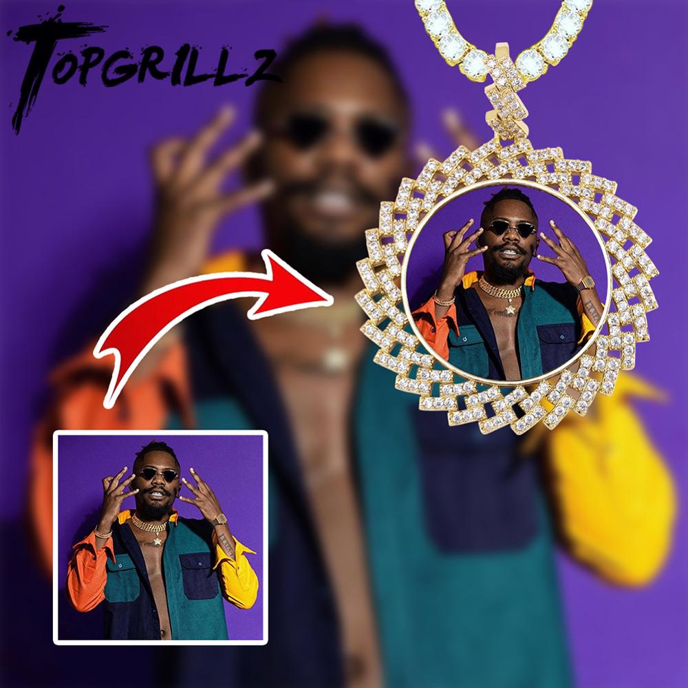 TOPGRILLZ Custom Made Photo Round Medallions Necklace &amp; Pendant with 4mm Tennis Chain Gold Silver Cubic Zircon  Hip hop Jewelry