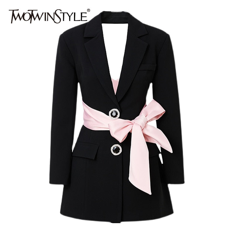 TWOTWINSTYLE Colorblock Casual Women's Autumn Coat Notched Long Sleeve Patchwork Diamond Slim Female Blazer 2022 Autumn Clothing