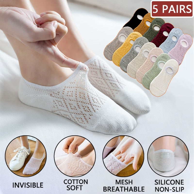 5 Pairs/Set Women Silicone non-slip invisible Socks Summer Solid Color Mesh Ankle Boat Socks Female Cotton Slipper No show Socks